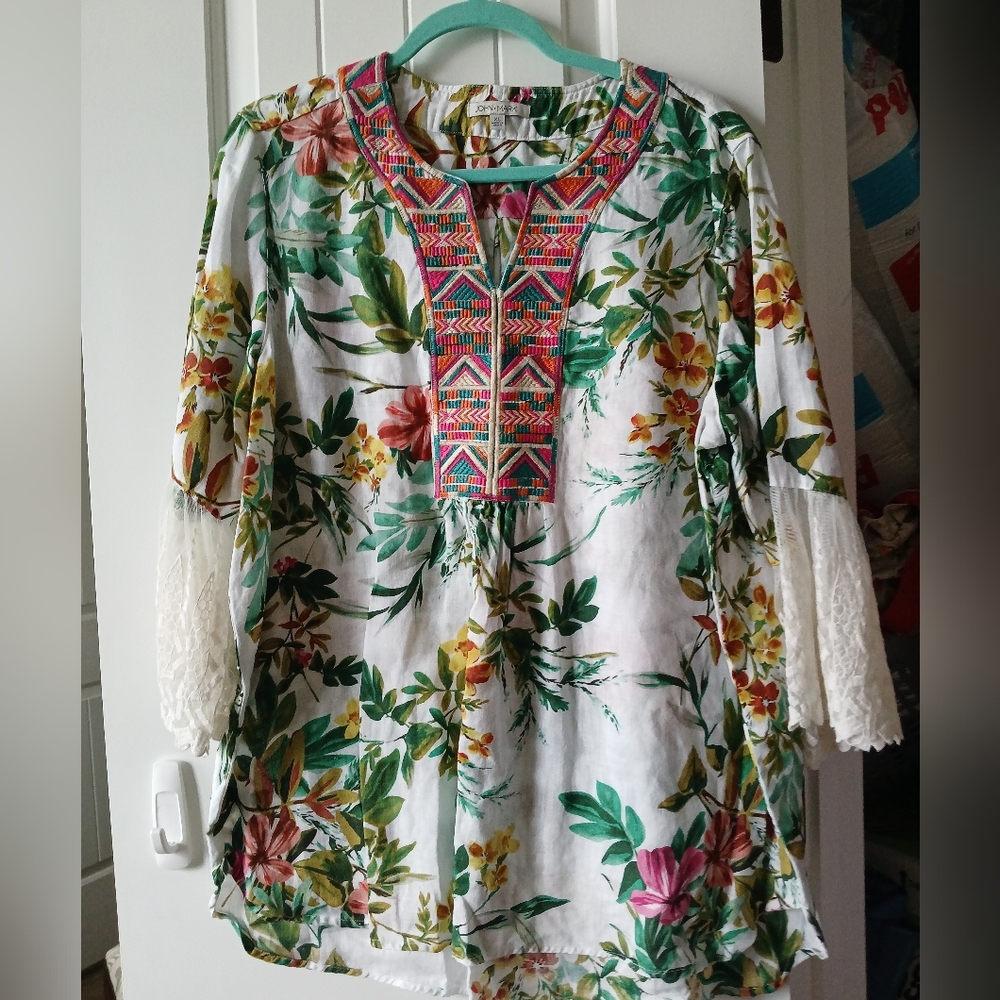 John Mark White Floral Tunic with Green and Pink Embroidered Yoke